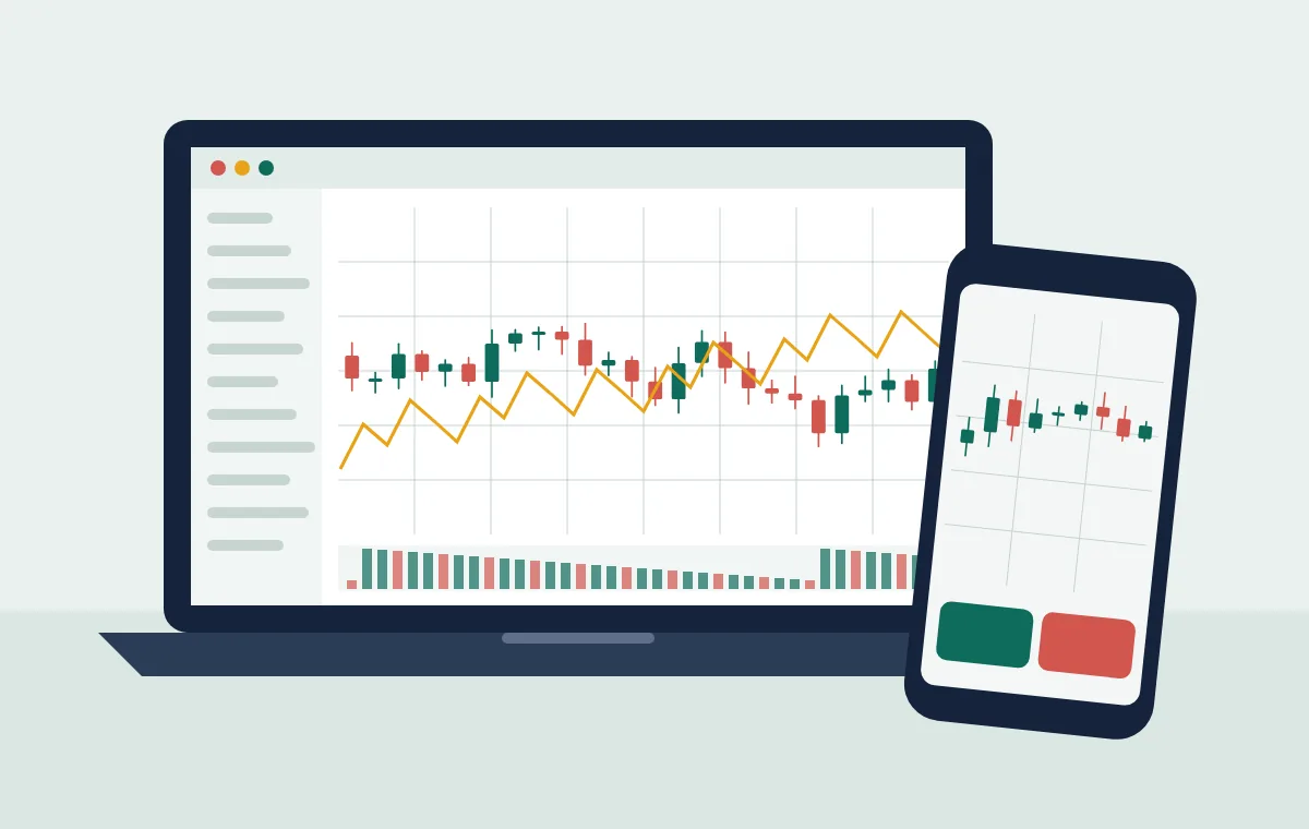 Laptop y celular mostrando gráficos de precios estilo MetaTrader